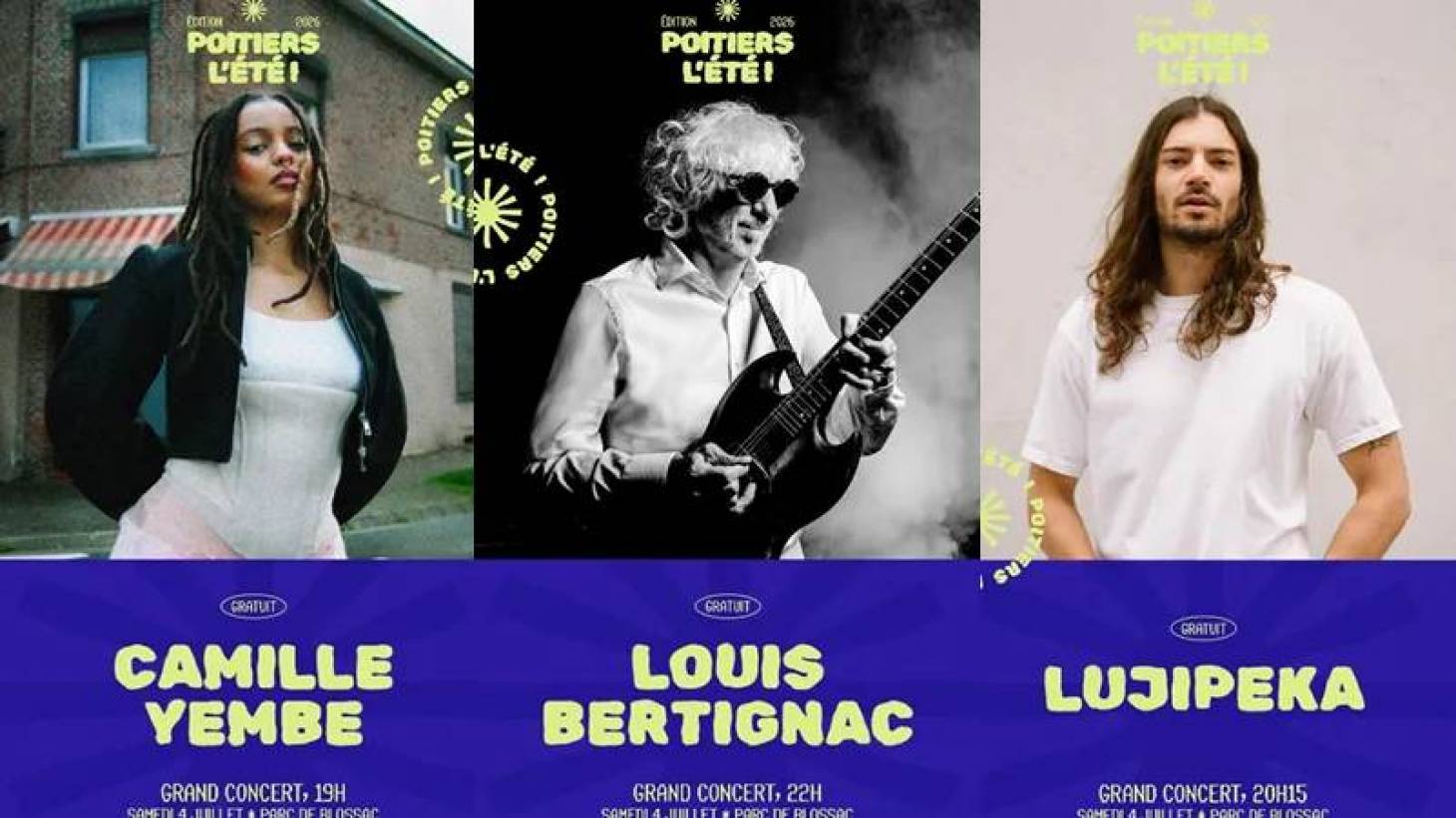 Poitiers l'été : Bertignac, Lujipeka et Camille Yembe au parc de Blossac le 4 juillet
