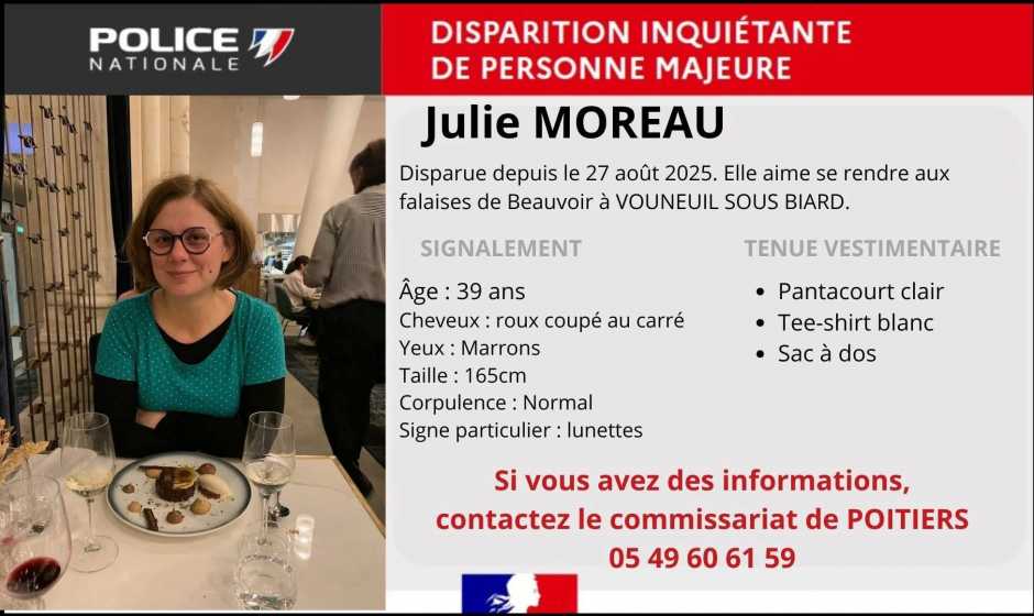 Poitiers : appel à témoins après la disparition inquiétante de Julie Moreau